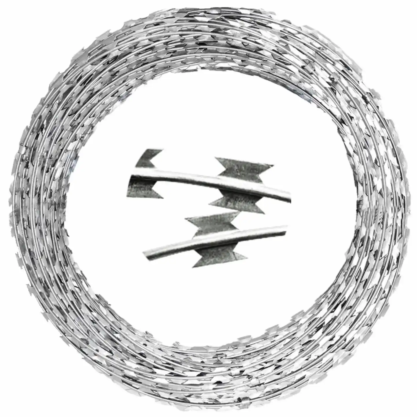 High-resolution laser-cut razor blade wire for high-security perimeter protection.